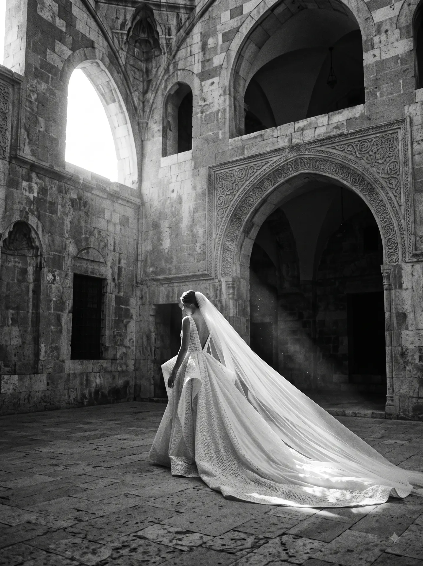 Bride in a historic courtyard — Expedition Blanche